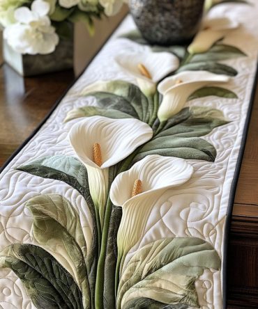 White Calla Grace Quilted Table Runner