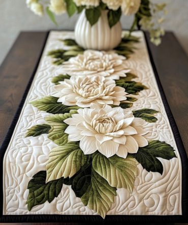 White Dahlia Elegance Quilted Table Runner