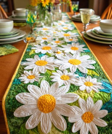 White Daisy Charm Quilted Table Runner