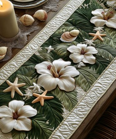 White Hibiscus Quilted Table Runner