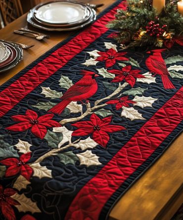 White Leaf Cardinal Quilted Table Runner