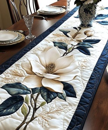 White Magnolia Bliss Quilted Table Runner