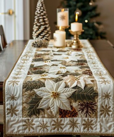 White Poinsettia Flowers Quilted Table Runner