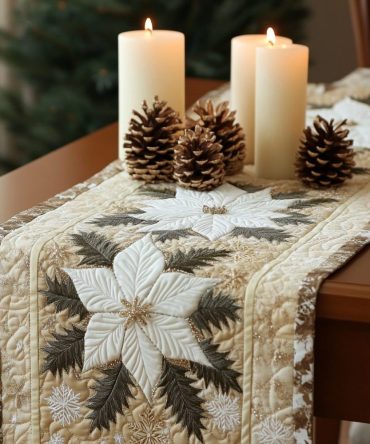 White Poinsettias Quilted Table Runner