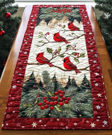 Winter Cardinal Delight Quilted Table Runner