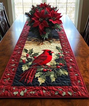 Winter Cardinal Whisper Quilted Table Runner