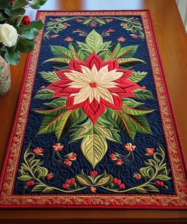Winter Poinsettia Blooms Quilted Table Runner