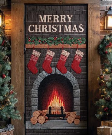 Wood Cabin Fireplace Quilted Door Cover