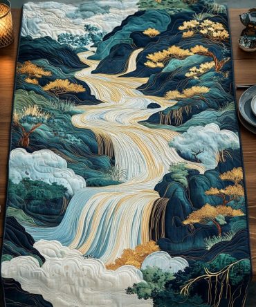 Woodblock Japanese Style Waterfall Quilted Table Runner