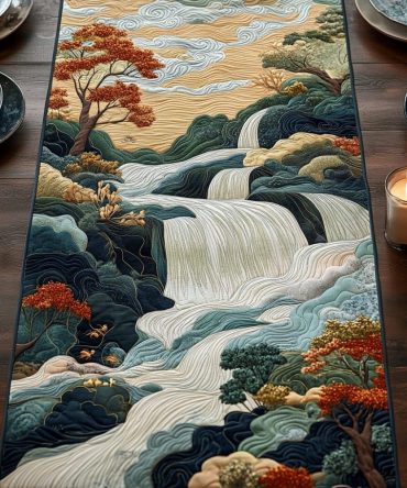 Woodblock Japanese Waterfall Charm Quilted Table Runner