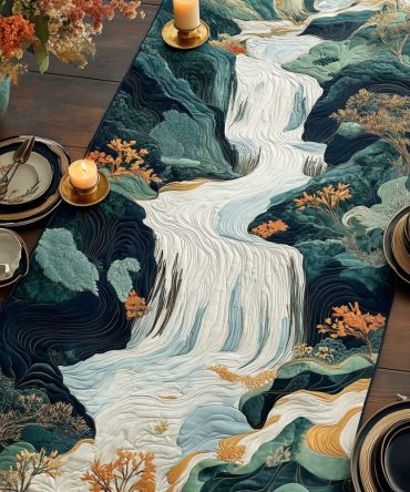 Woodblock Japanese Waterfall Quilted Table Runner