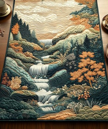 Woodblock Japanese Waterfall Serenade Quilted Table Runner