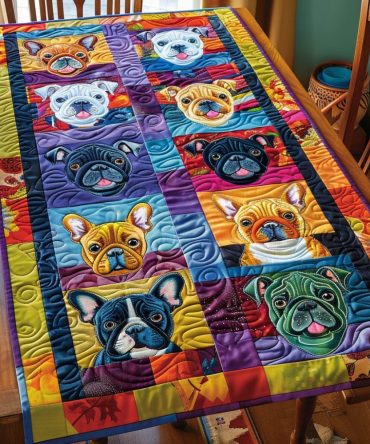 Frenchie Faces Colorful Quilted Table Runner