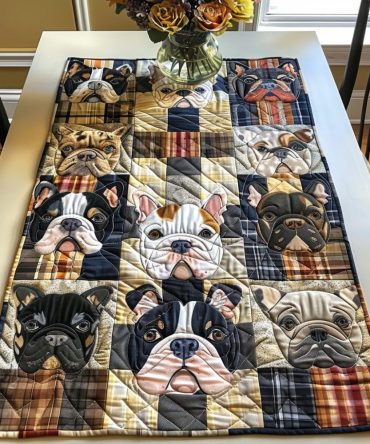 Vibrant Plaid Frenchie Faces Quilted Table Runner