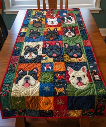 Christmas Art Frenchie Faces Quilted Table Runner