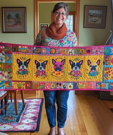 Colorful Frenchie Fun Quilted Table Runner