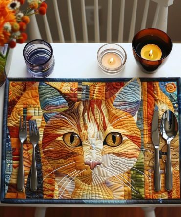 Abstract Mosaic Cat Quilted Placemat — Modern Feline Table Accent, Durable Cotton, Machine Washable, Unique Gift For Cat Lovers