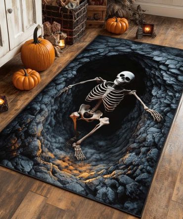 Skeleton-Themed Abyss Area Rug — Gothic Skull Design, Durable Low-Pile Accent Rug For Bedroom, Studio, Or Halloween Decor