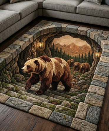 Alpine Bear Lodge Rug — Rustic Mountain Bear Illustration, Plush Durable Area Rug For Cabin, Living Room, Or Nursery, Multiple Sizes