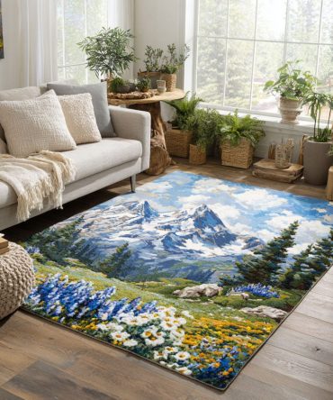 Alpine Bloom Floral Rug — Botanical Mountain Motif, Soft Plush Area Rug For Living Room, Bedroom Or Patio, Fade-Resistant