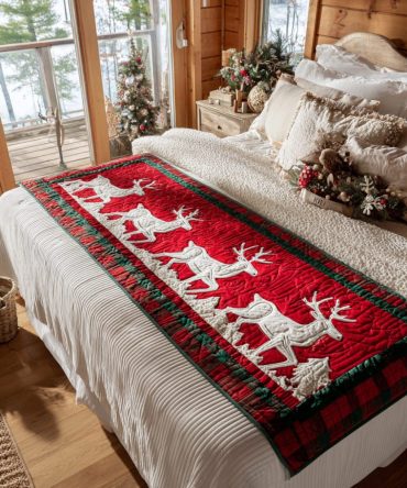 Alpine Reindeer Quilted Bed Scarf — Classic Nordic Runner With Reindeer Motif, Warm Cotton-Blend Layer For Holiday And Winter Bedrooms