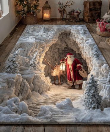 Christmas Alpine Santa Rug — Cozy Holiday Area Mat With Mountain Santa Illustration, Plush Non-Slip, Machine-Washable Seasonal Decor