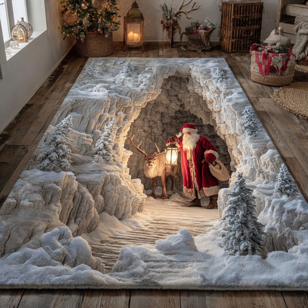 Christmas Alpine Santa Rug — Cozy Holiday Area Mat With Mountain Santa Illustration, Plush Non-Slip, Machine-Washable Seasonal Decor