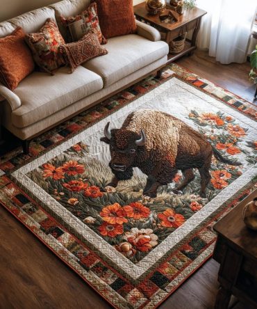 Amber Bison Area Rug — Earth-Tone Western Accent Rug, Durable Indoor Floor Rug For Living Room & Den Décor