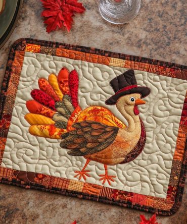 Warm Amber Turkey Quilted Placemat — Classic Thanksgiving Table Accent, Durable Cotton Blend, Heat-Resistant & Machine-Washable