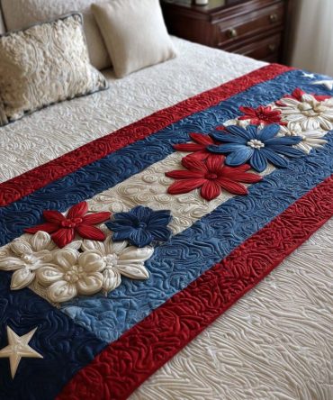 American Petals Quilted Bed Scarf — Patriotic Floral Bedding Accent For Festive Bedrooms, Reversible And Lightweight Design