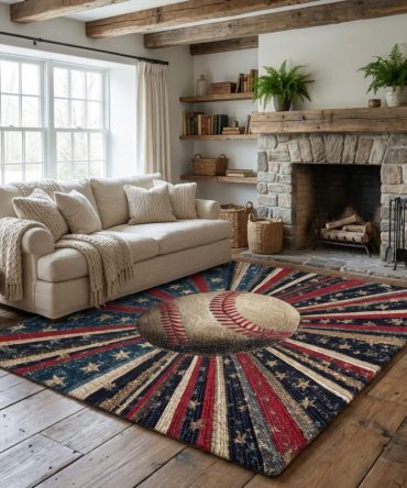 Americana Ball Area Rug — Vintage Sports & Patriotic Accent Rug, Durable Indoor Floor Mat For Game Rooms