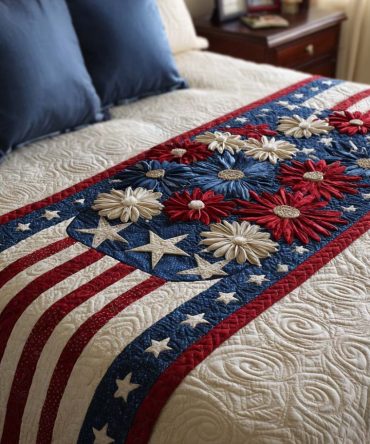 Americana Bloom Quilted Bed Runner - Classic Floral & Patriotic Motif Decorative Bed Scarf, Reversible Cotton Blend For Timeless Country-Chic Bedrooms