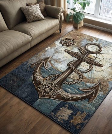 Coastal Anchor Spirit Nautical Area Rug - Durable Fade-Resistant Polypropylene Accent Rug For Living Room, Bedroom & Patio
