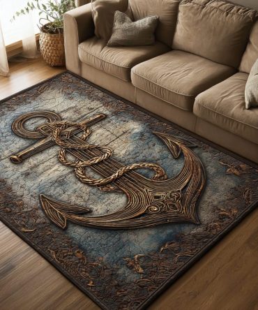 Nautical Anchor Tide Coastal Area Rug - Machine-Washable, Low-Pile Polypropylene Rug For Entryway, Kitchen & Beach Houses