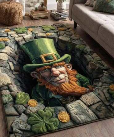 Ancient Clover Hoard Vintage Celtic Area Rug - Rich Green & Gold Distressed Look, Durable Accent Rug For Entry, Living Room & Study