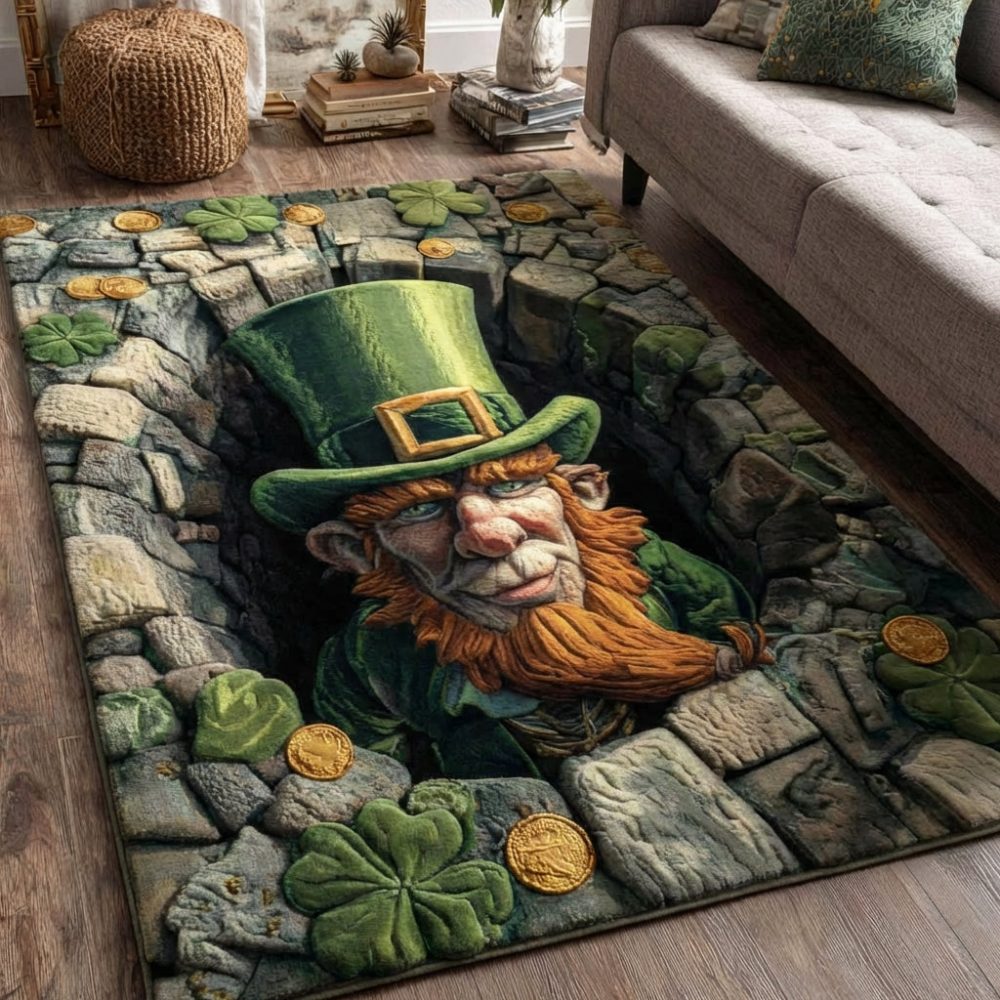 Ancient Clover Hoard Vintage Celtic Area Rug - Rich Green & Gold Distressed Look, Durable Accent Rug For Entry, Living Room & Study