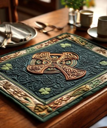 Celtic Irish Cross Quilted Placemat — Heritage-Inspired Table Mat with Embroidered Cross Motif, Durable Cotton Blend for Traditional Homes
