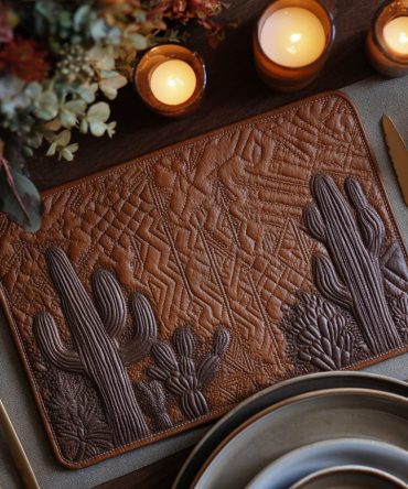 Ancient Cactus Quilted Placemat — Southwestern Table Mat with Textured Quilting, Heat-Resistant & Machine-Washable Dining Accent