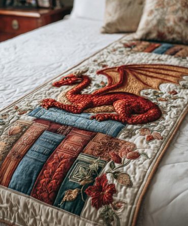 Ancient Dragon Tome Quilted Bed Runner – Mythical Dragon & Tome Design Decorative Bed Scarf For Fantasy Lovers And Gamers