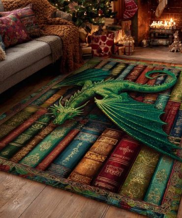 Ancient Grove Dragon Statement Area Rug - Mythical Forest Motif, Rich Greens & Golds, Durable Accent Rug For Living Room & Study