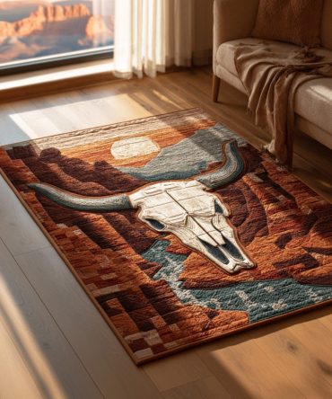 Ancient Longhorn Echo Western Area Rug - Rustic Horn Motif, Distressed Earthtone Palette, Durable Low-Pile Rug For Ranch & Cabin Décor