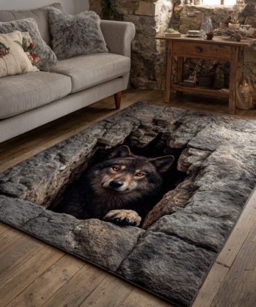 Ancient Wolf Abyss Area Rug — Dramatic Wildlife Floor Rug With Bold Contrast, Durable Low-Pile Carpet For Living Areas
