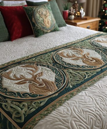 Antler Circle Quilted Bed Runner — Rustic Antler Motif Decorative Bed Scarf, Durable Quilting, Ideal For Mountain & Lodge Interiors