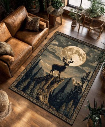Antlers In The Moonlight Area Rug — Rustic Deer Motif Rug With Subtle Night-Tone Palette For Cabin Or Living Room