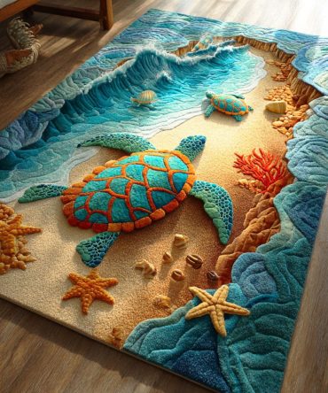 Aqua Dream Turtle Area Rug — Ocean-Inspired Soft Rug With Sea Turtle Design, Kid-Friendly Durable Carpet For Beach Homes
