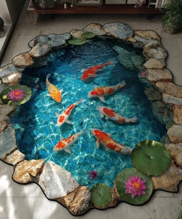 Aqua Garden Custom Rug — Floral Aqua-Themed Custom-Shaped Area Mat For Bathrooms, Sunrooms & Coastal Interiors, Easy-Care