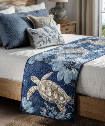 Aqua Journey Quilted Bed Runner — Serene Ocean-Tone Bedding Accent, Aquatic Quilted Throw To Refresh Bedroom Decor