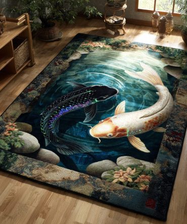 Aqua Koi Area Rug — Tranquil Koi Pond Design Rug In Cool Aqua Hues, Durable Low-Pile Carpet For Living Room & Patio Rooms