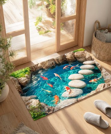 Aqua Koi Artistic Doormat — Serene Koi Fish Watercolor Welcome Rug For Zen Entrances, Durable, Quick-Dry, Non-Slip Backing