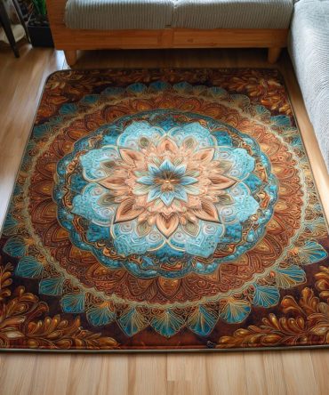 Aqua Mandala Area Rug — Bohemian Aqua Mandala Floor Rug, Soft Comfortable Carpet For Living Rooms & Meditation Spaces